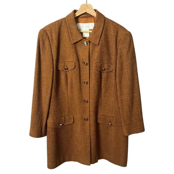 Vintage Escada Margaretha Ley Wool Blend Tweed Blazer Orange Size 14 Gold Button - Picture 1 of 15